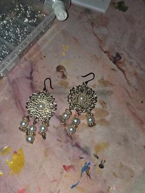 Hand Crafted Bridgerton Inspkred Gold Filigree Pearl Dangle Earrings